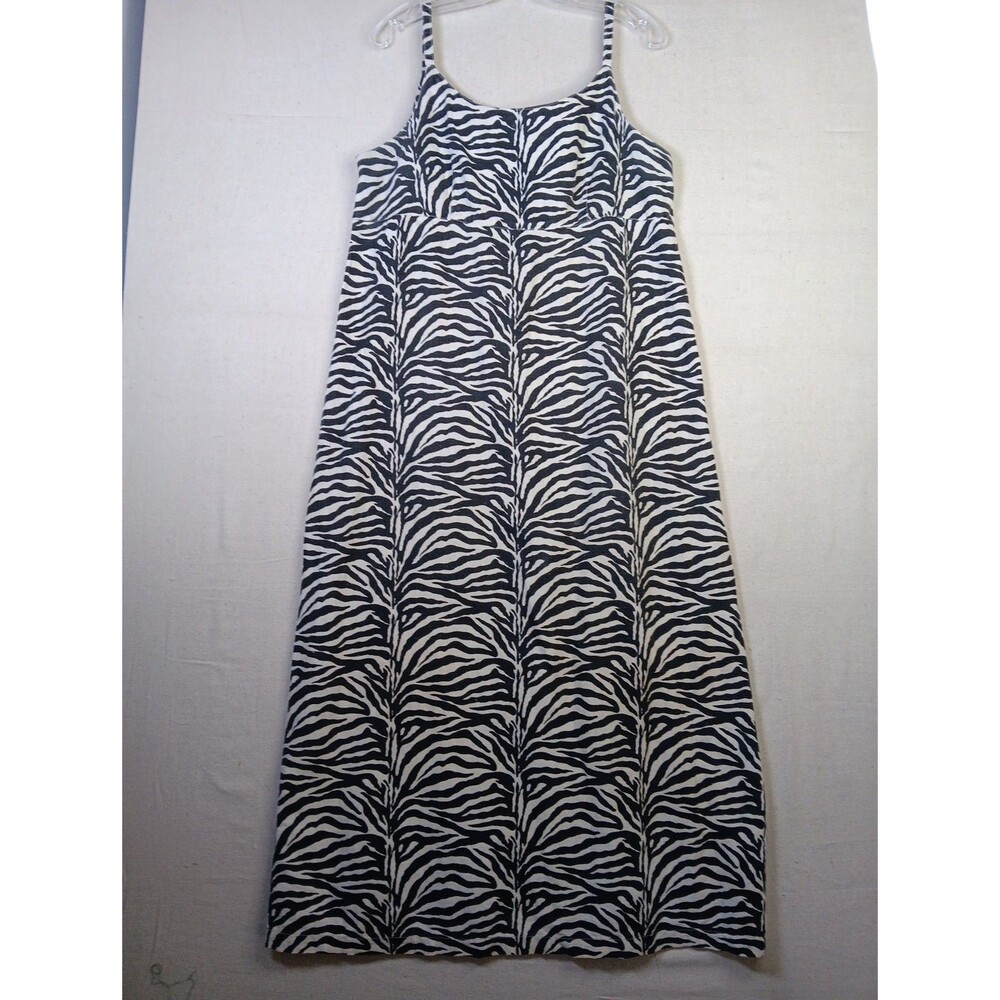 Match Zebra Print Maxi Dress Size 14 Black Ecru 100% Linen Spaghetti Strap USA